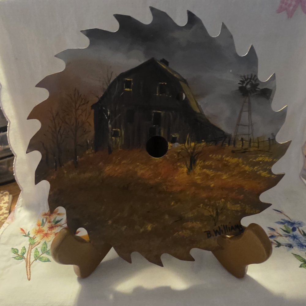 Hand-Painted Barn Scene on Circular Saw Blade With Wood Stand